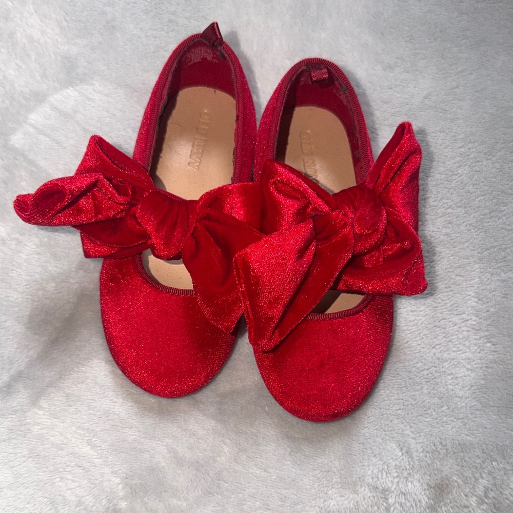 Girls Red Velvet Bow Ballet Flats - Kids Shoes